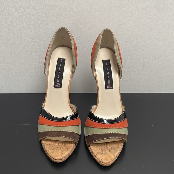 Steven by Steve Madden Peep Open Toe Heels Vybe Cork Leather Multicolor 7.5 - Picture 4 of 12